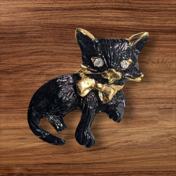 Black Cat Brooch Pin With Gold Bow & Rhinestones Retro Style 2” Vintage Accessor - Picture 1 of 6